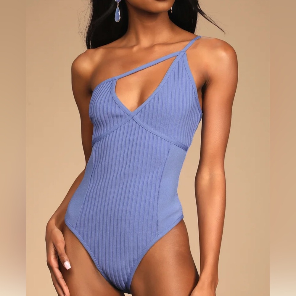 Elegant Blue Ribbed One-Shoulder Bodysuit